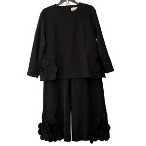 MEIMEIJ Navy Floral Applique Long Sleeve Top  Wide Leg Pants Set - 40 / Small